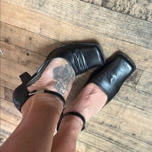 Italian Black Leather Square-Toe Ankle Strap Shoes